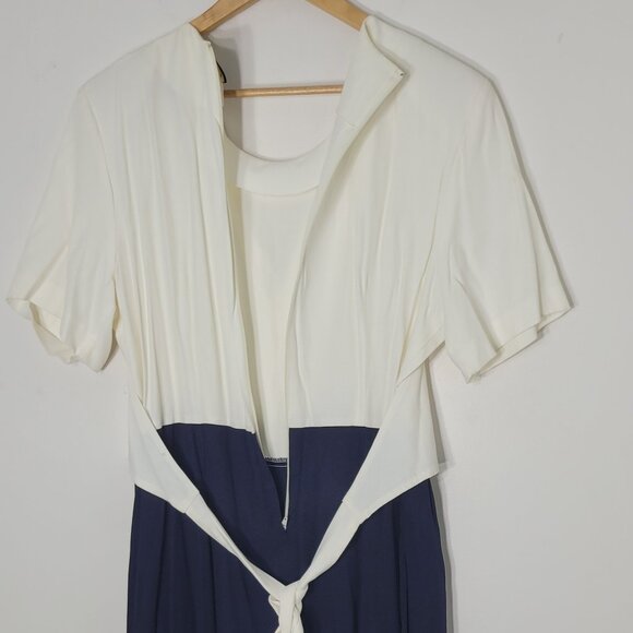 Elegant Vintage Off White & Blue Floral Embroidered Faux Vest Dress Plus Size 16 - Picture 3 of 13